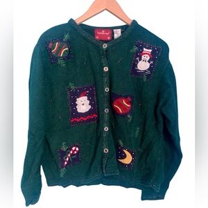Vintage Holiday Lodge Christmas Holiday Snowman Santa Cardigan Sweater Size XL